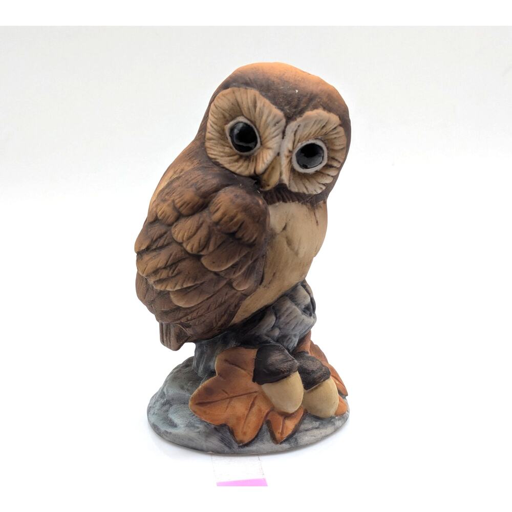 ANDREA BY SADEK Owl Figurine Brown Acorns Leaves Bisque Porcelain Japan 4in